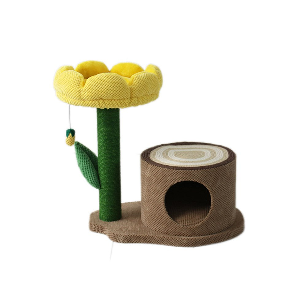 CATIO Log Cat House with Yellow Camellia Cat Scratching Tree