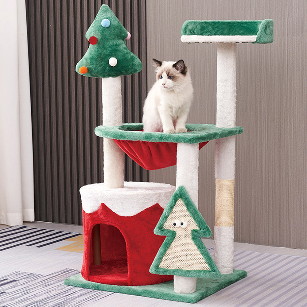 Red & Green Patchwork Christmas Cat House And Tree