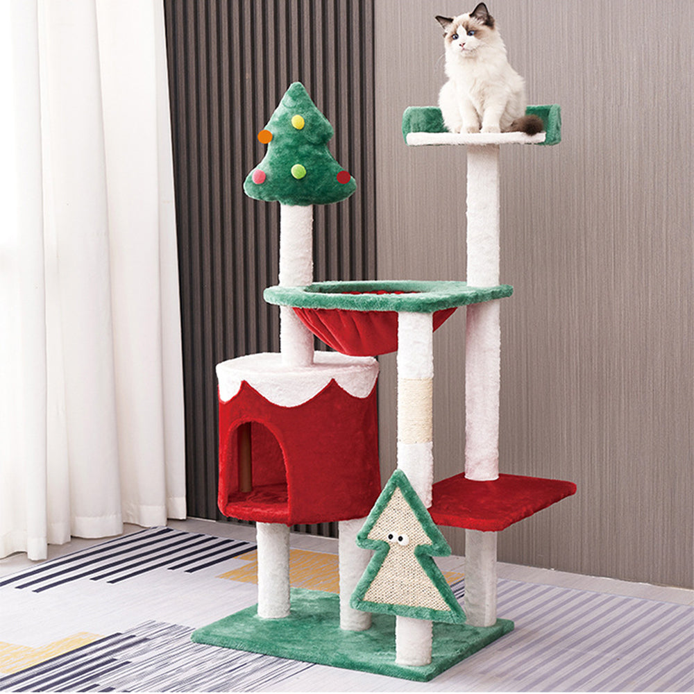 Red & Green Patchwork Christmas Cat House And Tree