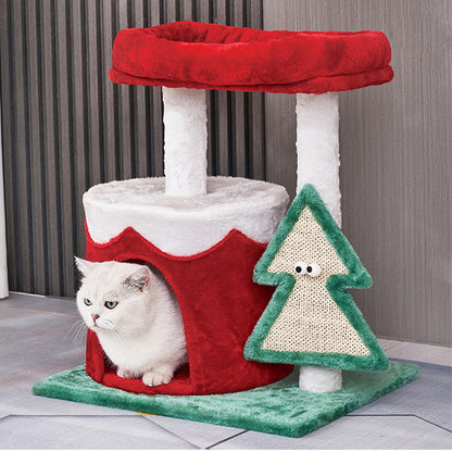 Red & Green Patchwork Christmas Cat House And Tree