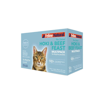 FELINE NATURAL Hoki & Beef Grain Free Cat Food 12x85g