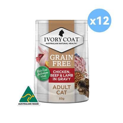 IVORY COAT Grain Free Chicken, Beef & Lamb Gravy Adult Wet Cat Food 85g x 12