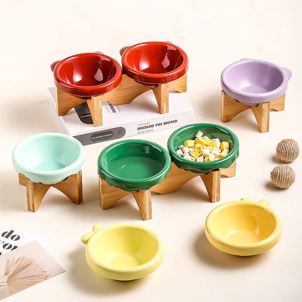 Ceramic Pet Bowl With High Wooden Stand 220ml