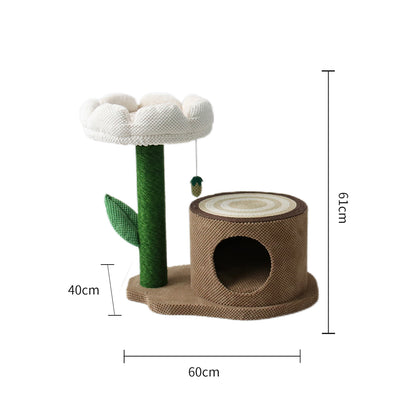 CATIO Log Cat House with White Camellia Cat Scratching Tree