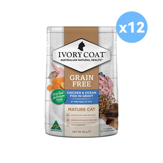 IVORY COAT Grain Free Chicken & Ocean Fish Gravy Mature Wet Cat Food 85g x 12