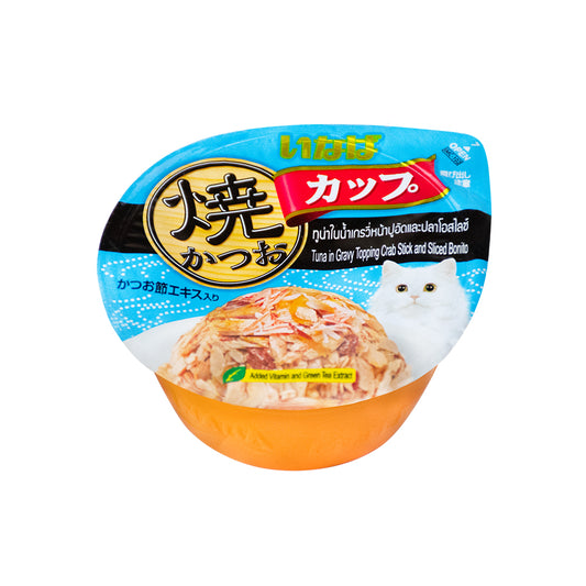 CIAO Tuna Flake & Crab Stick In Sliced Bonito Gravy Cat Treats 70g (cupped)