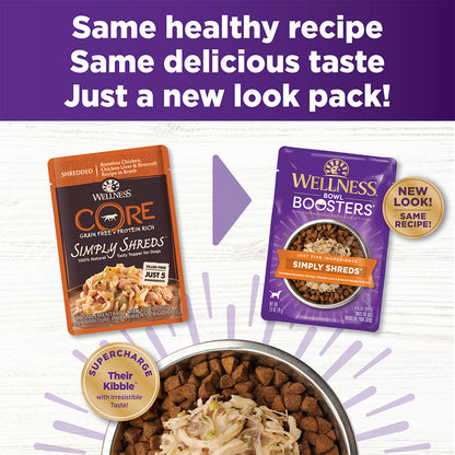 WELLNESS Core Simply Shreds Shredded Boneless Chicken, Chicken Liver & Broccoli  Wet Dog Food 79g x 12