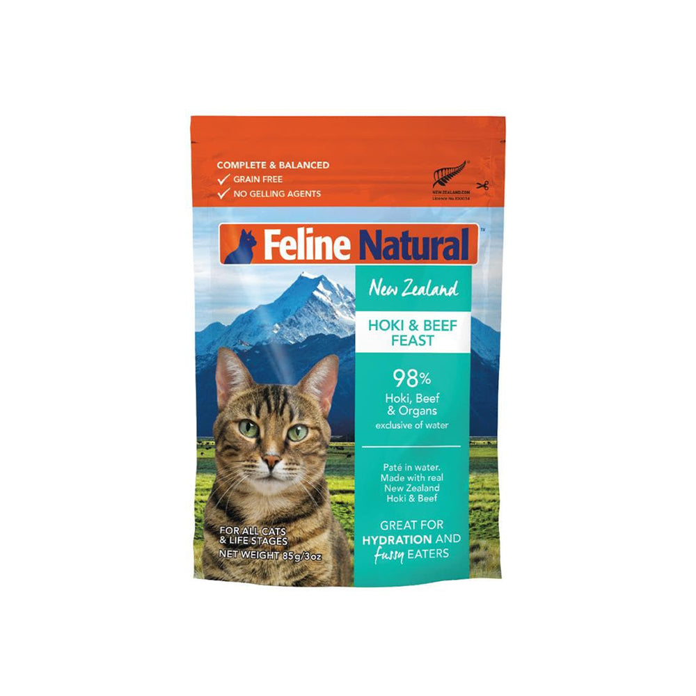 FELINE NATURAL Hoki & Beef Grain Free Cat Food 12x85g