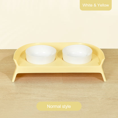 PAKEWAY White Double Plastic Pet Bowls with Yellow Rack