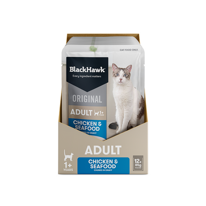 BLACK HAWK Original Chicken &  Seafood in Gravy Adult Wet Cat Food 85g x 12