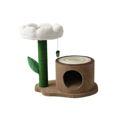 CATIO Log Cat House with White Camellia Cat Scratching Tree