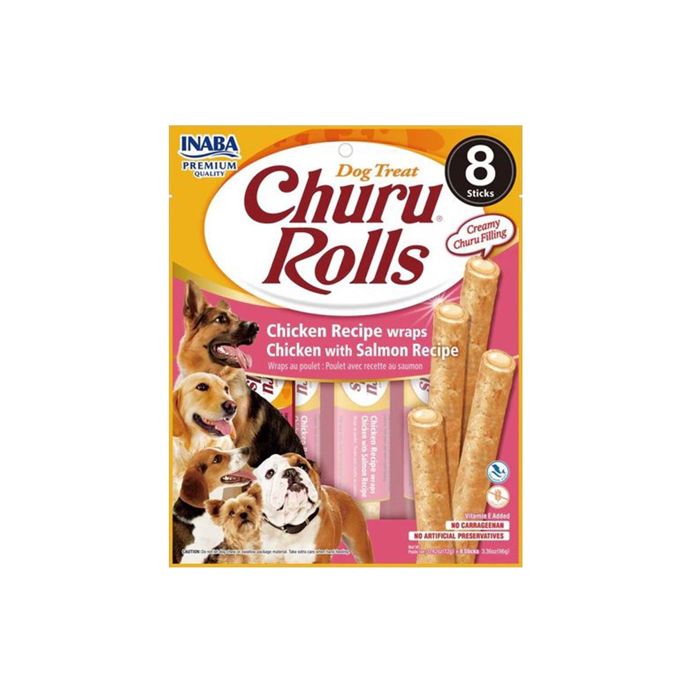 INABA Churu Rolls Chicken with Salmon Recipe Chicken Wraps Dog Treats 8x12g