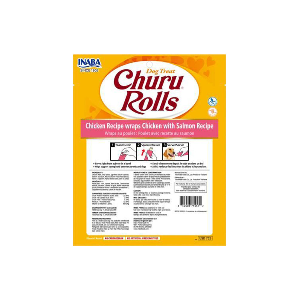 INABA Churu Rolls Chicken with Salmon Recipe Chicken Wraps Dog Treats 8x12g